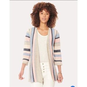 Ecru Women's Striped Cardigan in Blue, Pink, and Cream Small Linen